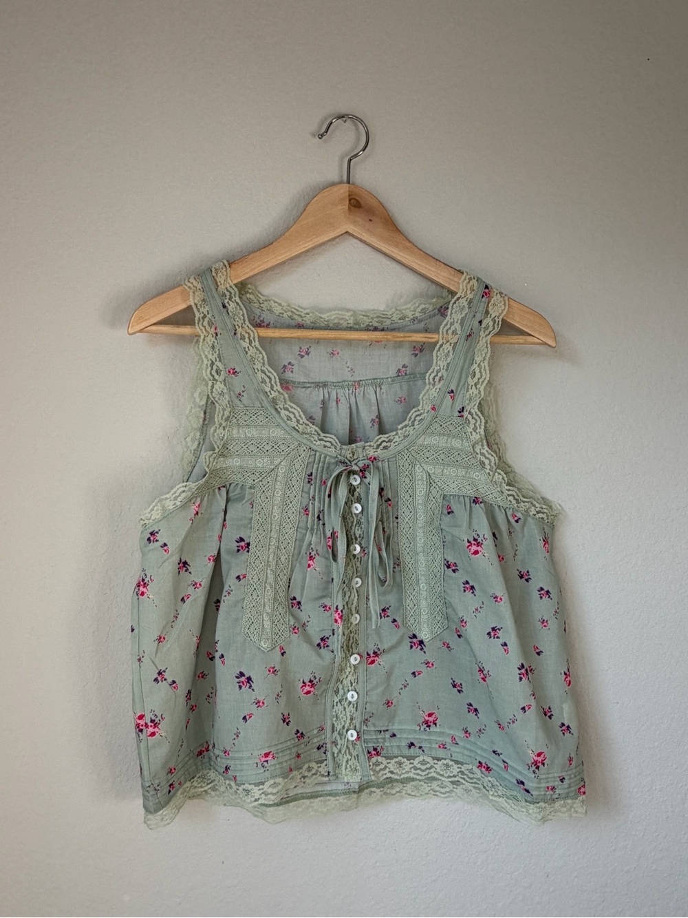 Sage Green Floral Lace Cotton Tank Top Cottagecore Boho Button-Front Size Medium